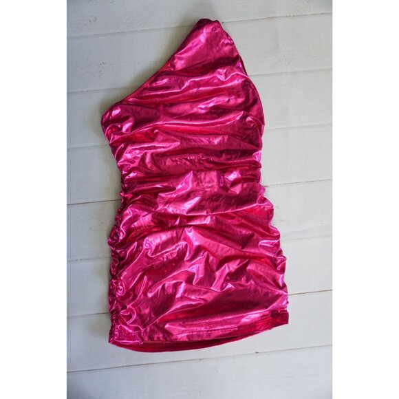 Pink Shiny One-Shoulder Ruched Dress - Size S - Picture 6 of 7